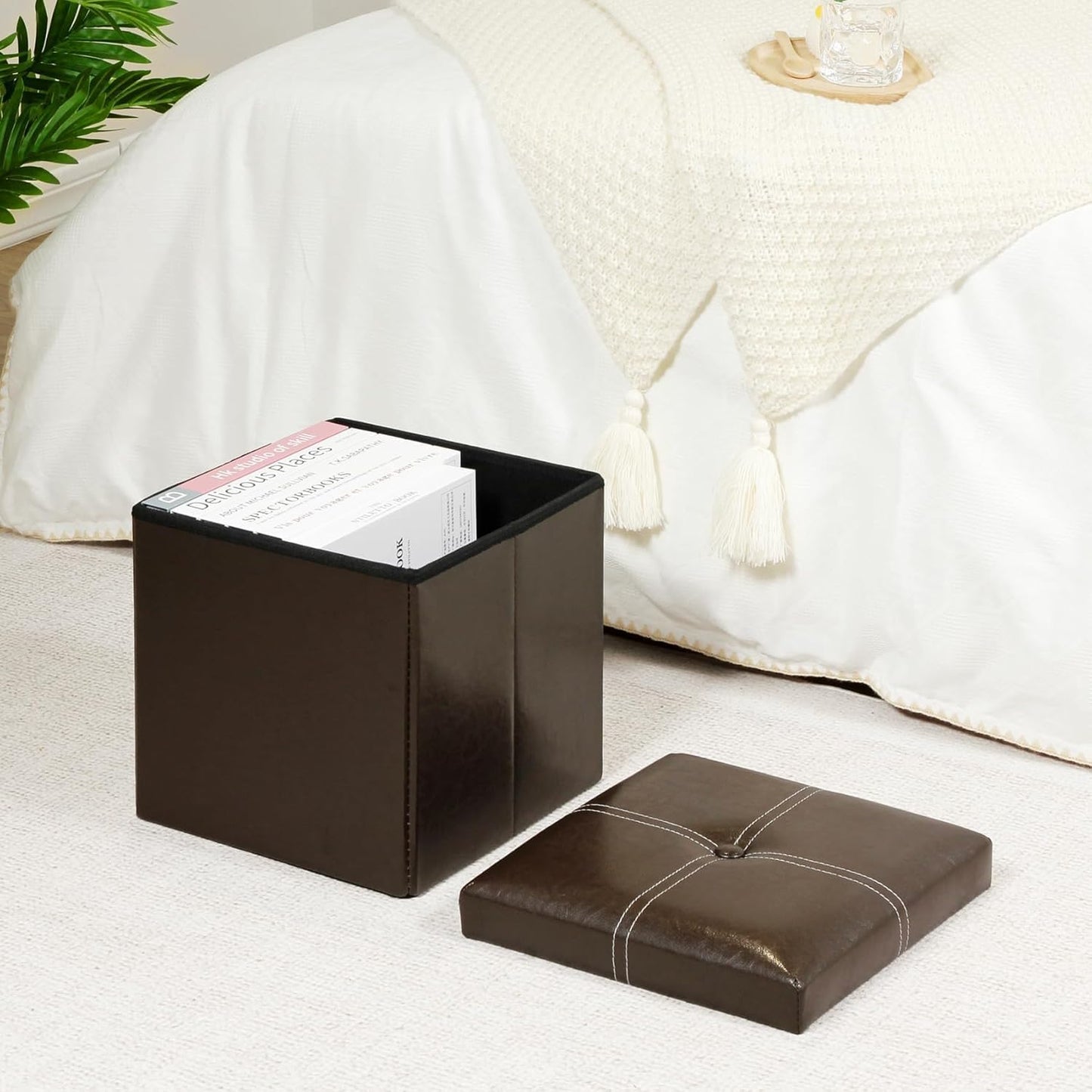 Folding Storage Ottoman, Faux Leather Footrest Seat Coffee Table Toy Chest Kids, Brown 11.8"X11.8"X11.8"