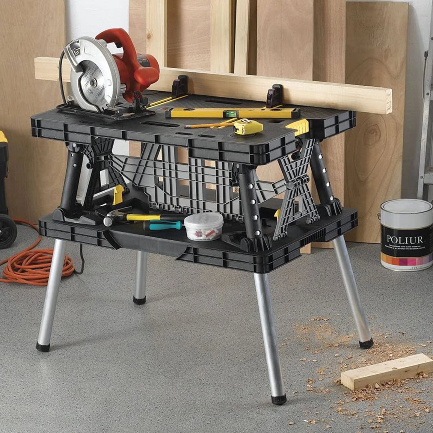 Portable Folding Table Tool Storage Stand Workbench Sawhorse W/ 12" Clamps