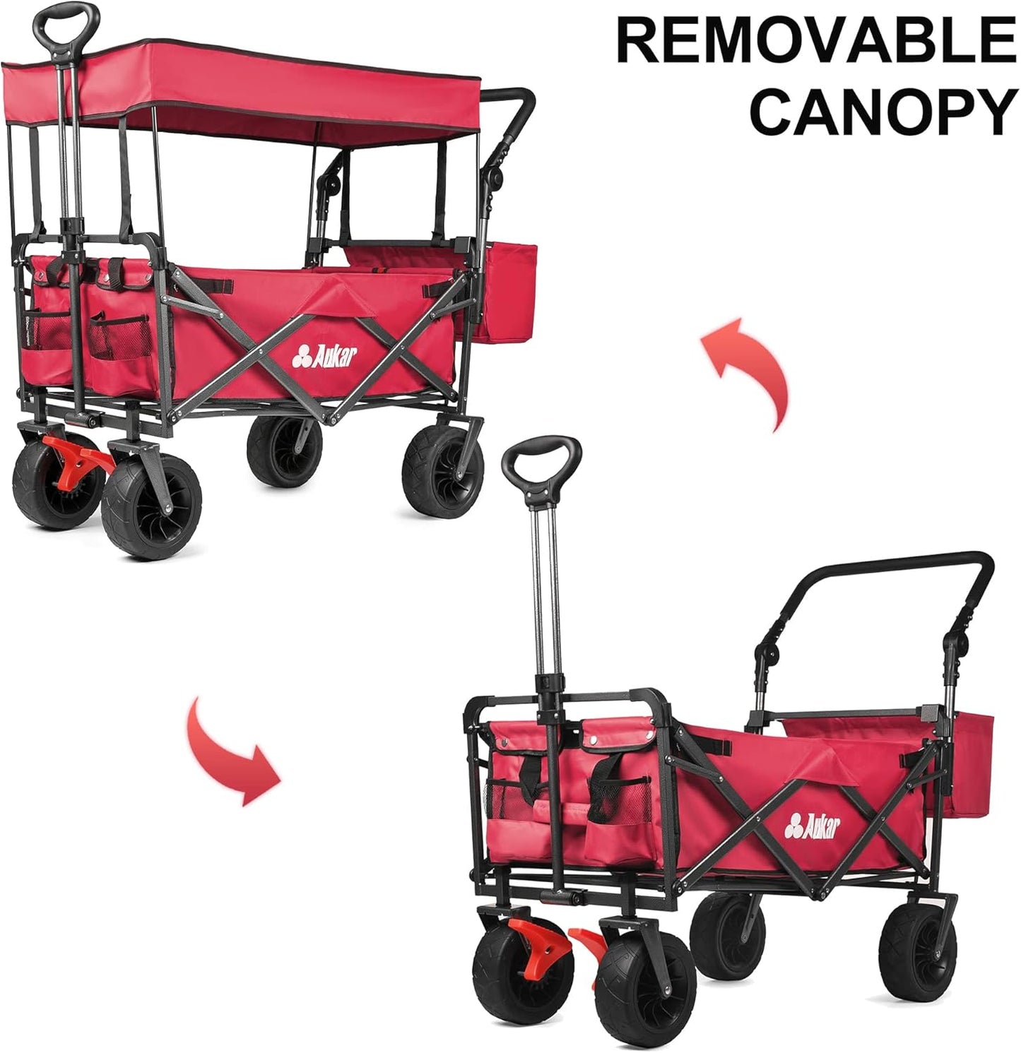 Collapsible Canopy Wagon - Heavy Duty Utility Outdoor Garden Cart - with Adjustable Handles , for Shopping, Picnic, Camping, Sports - Red