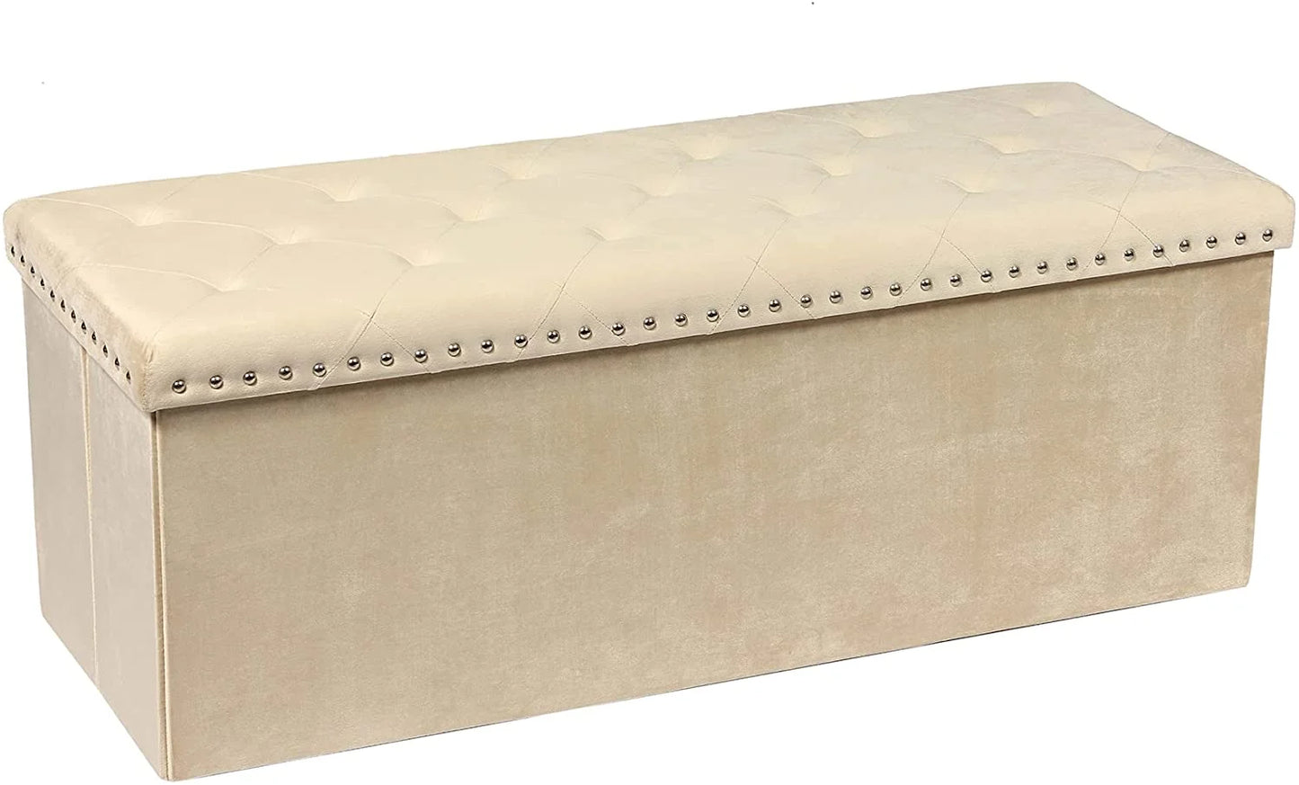 43.3" Beige Velvet Ottoman Storage, Extra Large End of Bed Storage Box with Lids, Footstool Folding Ottoman Bench Window Seat with Rivet