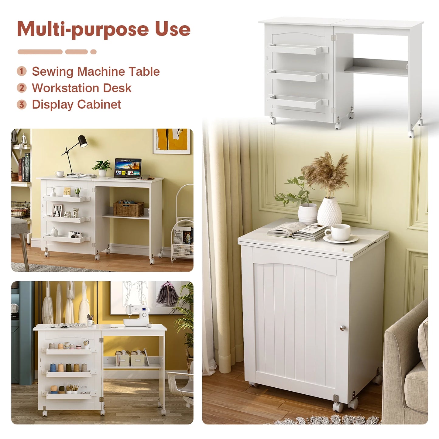 White Folding Sewing Craft Table with Storage Shelves Cabinet Lockable Wheels