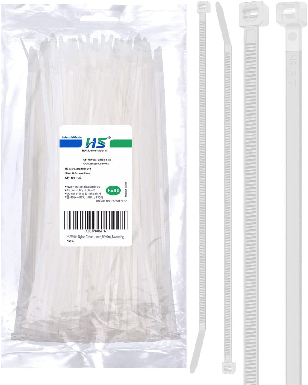 Long Zip Ties 12 Inch Clear 0.19" Nylon Cable Ties Heavy Duty 50 Lbs Strength Strong for Privacy Fence Outdoor,Electrical Plastic Tie Straps Weather Resistant 100 Pcs White