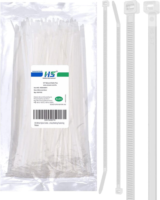 Long Zip Ties 12 Inch Clear 0.19" Nylon Cable Ties Heavy Duty 50 Lbs Strength Strong for Privacy Fence Outdoor,Electrical Plastic Tie Straps Weather Resistant 100 Pcs White