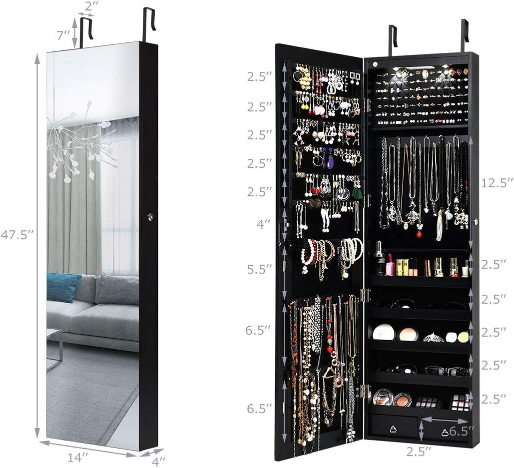 Wall Door Mounted Jewelry Armoire Cabinet with 47.5" H Full Length Mirror, 2 Leds Lockable Jewelry Organizer Box with Bracelet Rod, 2 Drawers, Large Storage Capacity (Black)