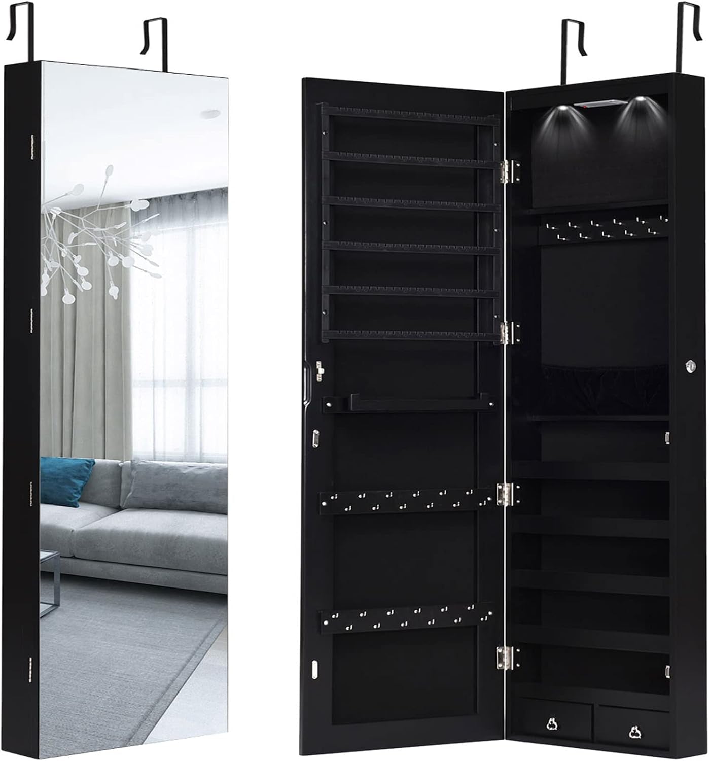 Wall Door Mounted Jewelry Armoire Cabinet with 47.5" H Full Length Mirror, 2 Leds Lockable Jewelry Organizer Box with Bracelet Rod, 2 Drawers, Large Storage Capacity (Black)