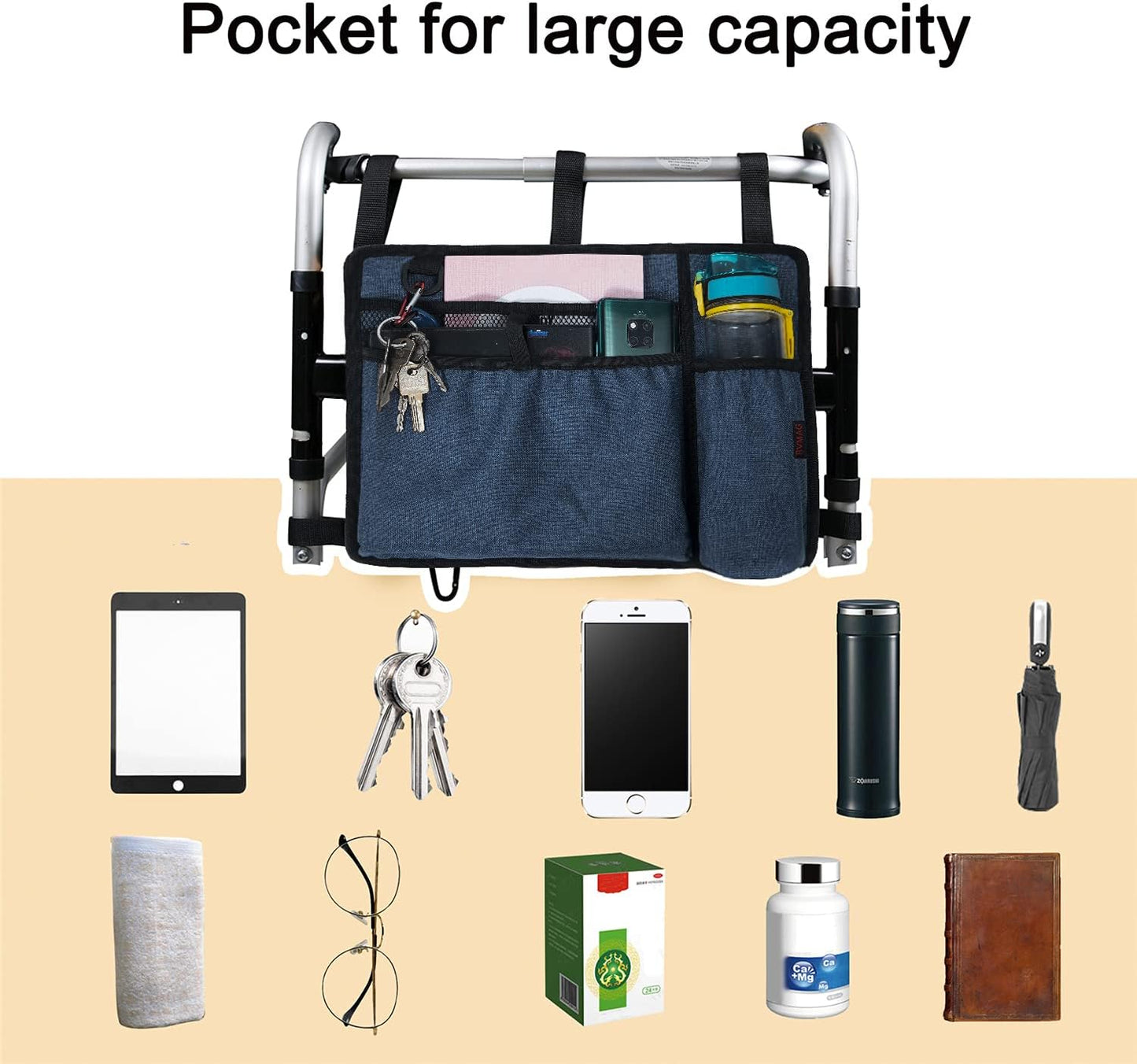 Walker Bag Pouch Basket with Cup Holder Armrest Attachments Hand Free Storage Bags Waterproof for Folding Rollator Accessories Suit for Elderly Seniors Handicap Disabled (Blue)