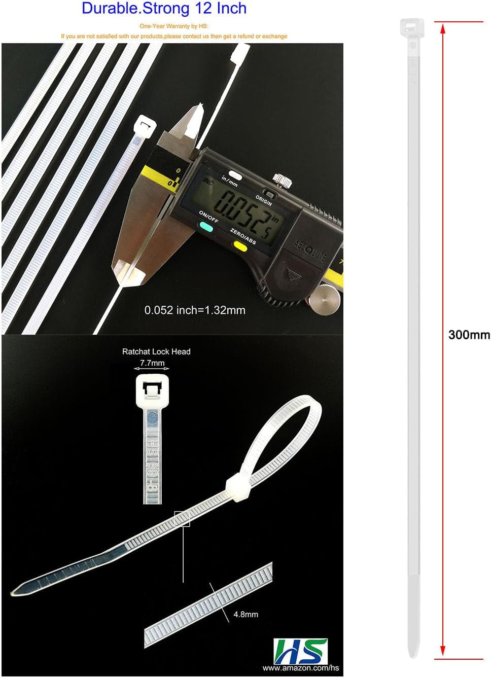 Long Zip Ties 12 Inch Clear 0.19" Nylon Cable Ties Heavy Duty 50 Lbs Strength Strong for Privacy Fence Outdoor,Electrical Plastic Tie Straps Weather Resistant 100 Pcs White