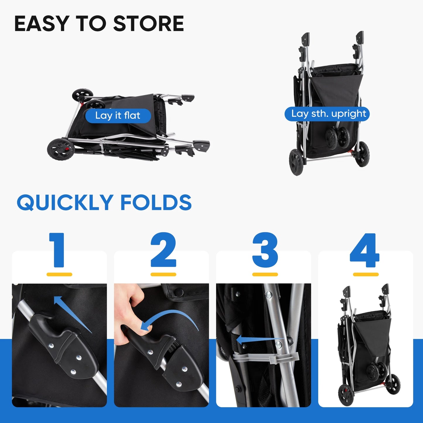 Dog Stroller, Pet Travel Folding Carrier with Storage Basket for Cat/Dog, 3 Wheels, Black
