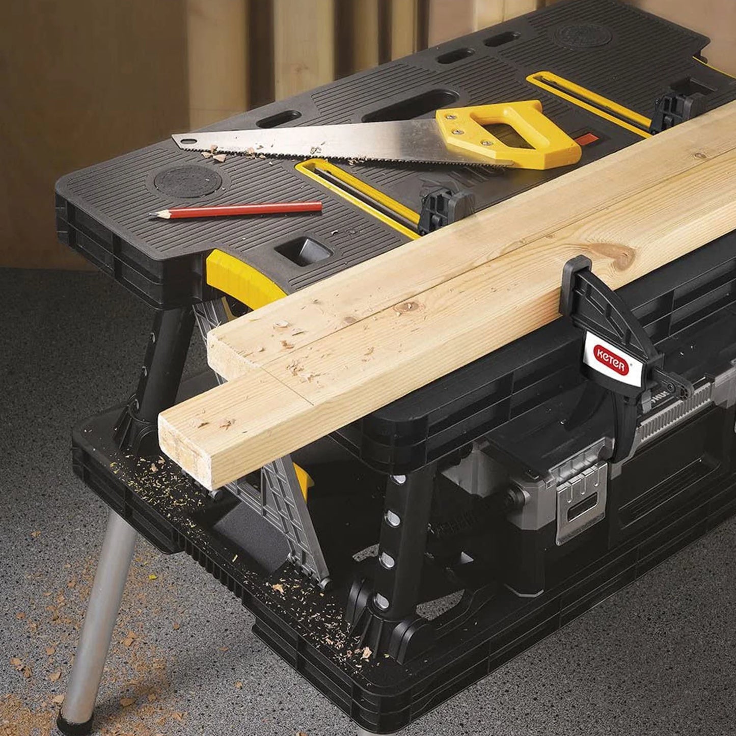 Portable Folding Table Tool Storage Stand Workbench Sawhorse W/ 12" Clamps