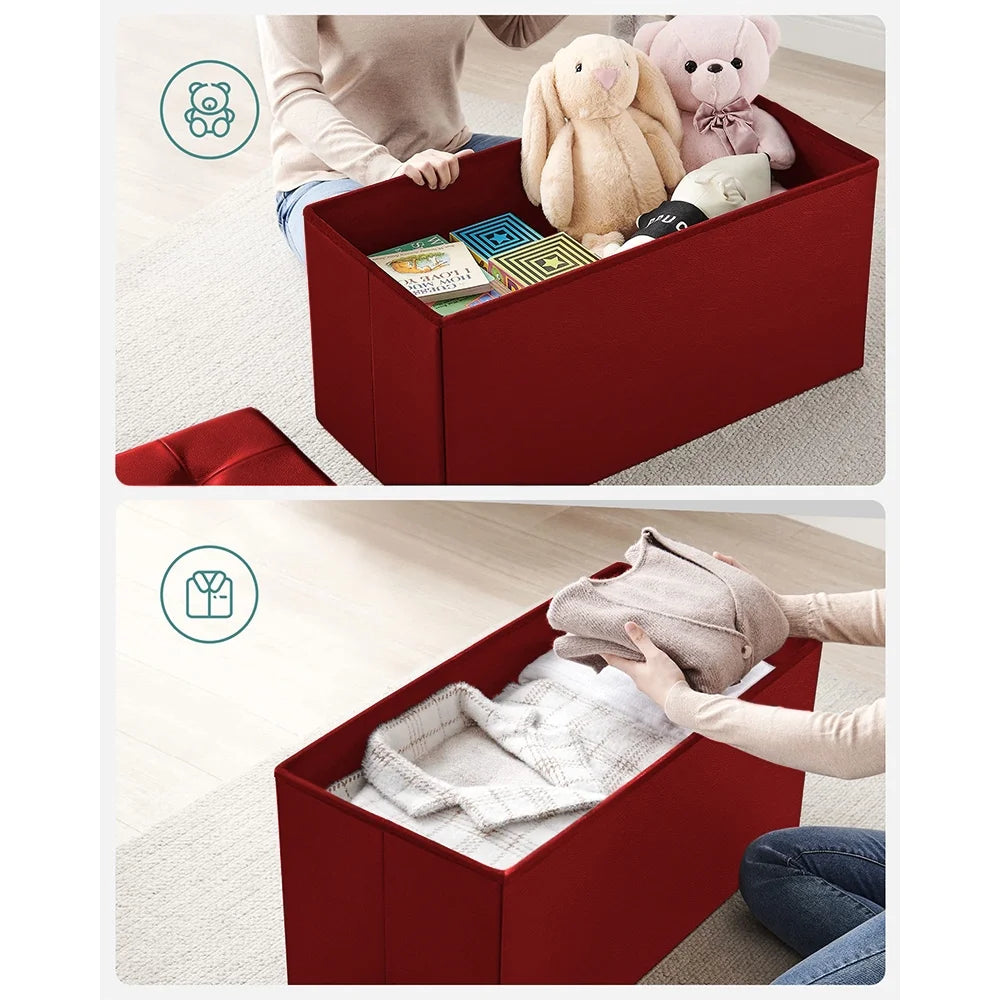 Folding Storage Ottoman Bench,Leather Footstool End of Bed Storage Bench Storage Chest,Foot Rest for Living Room,Bedroom Hallway Bench with Storage,Holds up to 330Lb,30X15X15Inches,Red