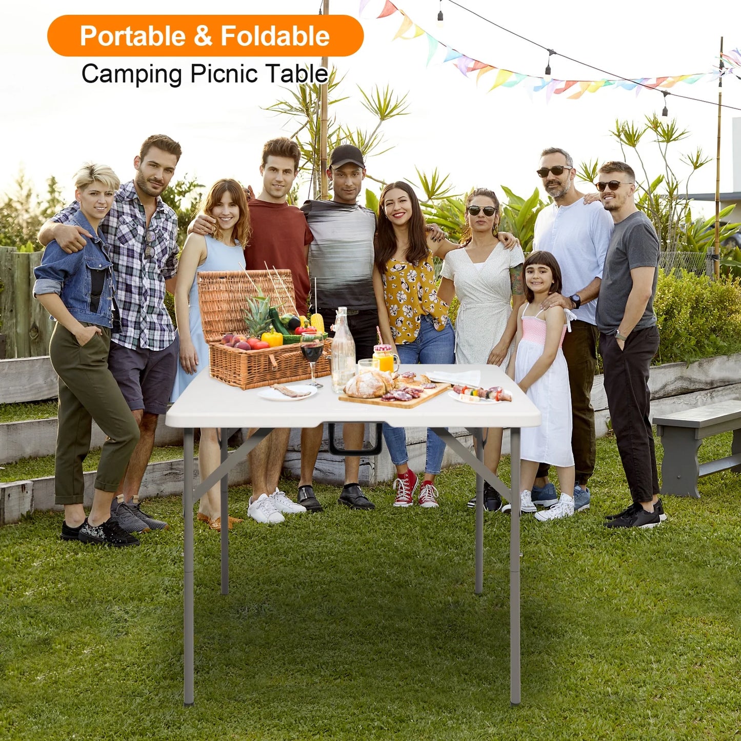 34 Inch Square Granite White Plastic Folding Table, 34 in Square Picnic Table for Outdoor and Indoor, Yard, Garden, Lawn, White