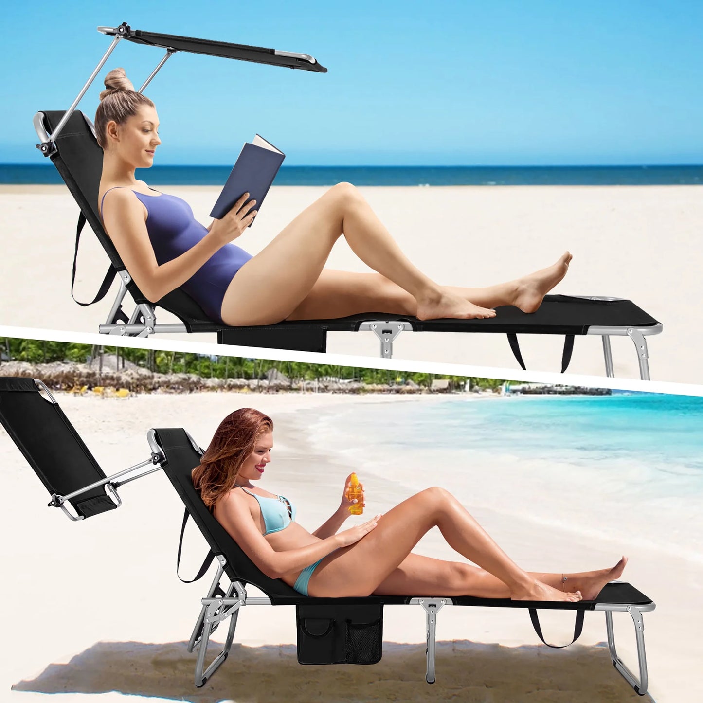 Foldable Sun Shading Lounge Chair Adjustable Beach Sunbathing Recliner W/Pocket
