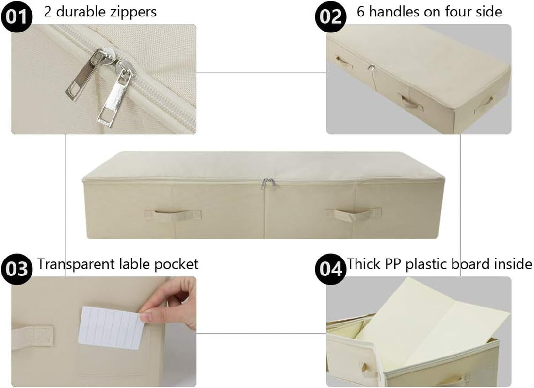 39.4" Ultra-Length Foldable & Washable Underbed Storage Organizer Containers for Clothing, Shoes, Bedding - Ideal for Bedroom, College Dorm (Black Gray), Beige