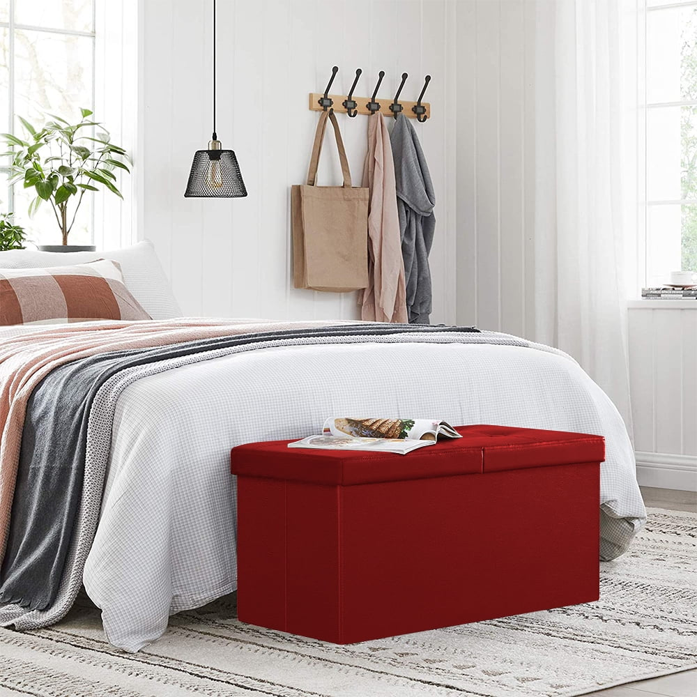 Folding Storage Ottoman Bench,Leather Footstool End of Bed Storage Bench Storage Chest,Foot Rest for Living Room,Bedroom Hallway Bench with Storage,Holds up to 330Lb,30X15X15Inches,Red