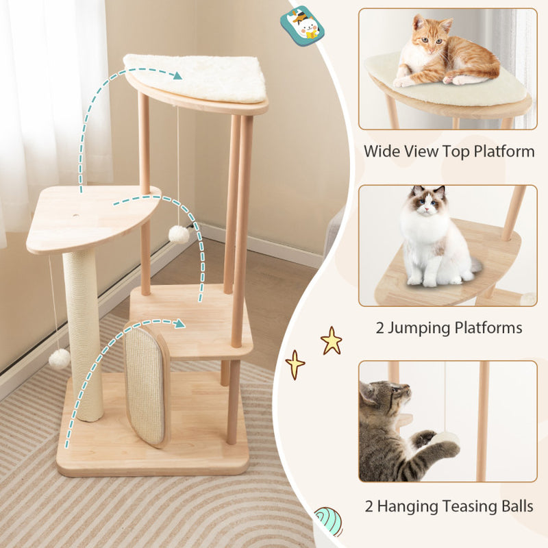 Wooden Multi-Level Modern Cat Tower with Scratching Board and Post