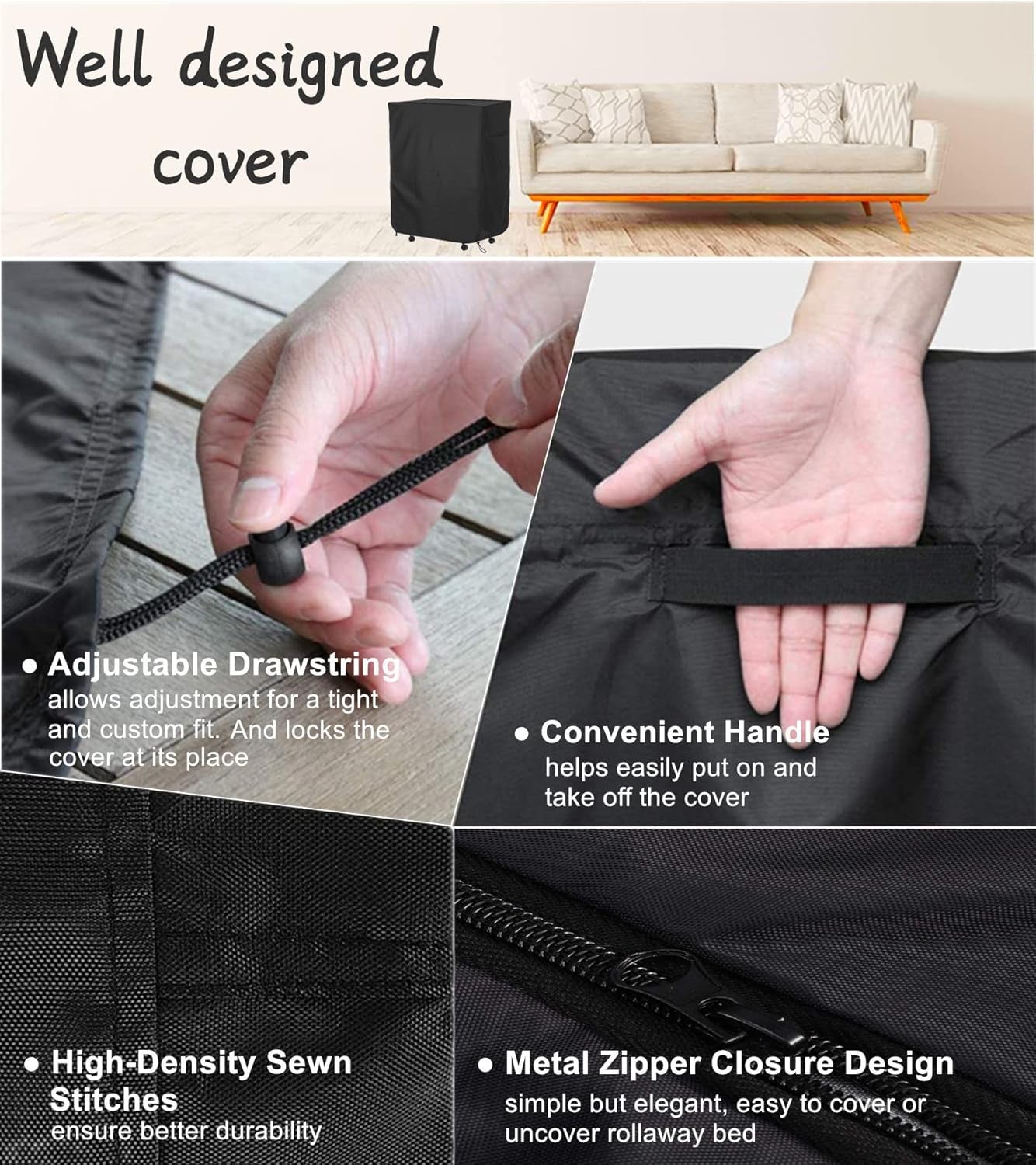 33 in Folding Bed Cover, Black Rollaway Bed Storage Cover for Fold up Bed, Thickened Folding Cot Bed Cover, with Metal Zipper and Adjustable Drawstring, Dustproof and Waterproof