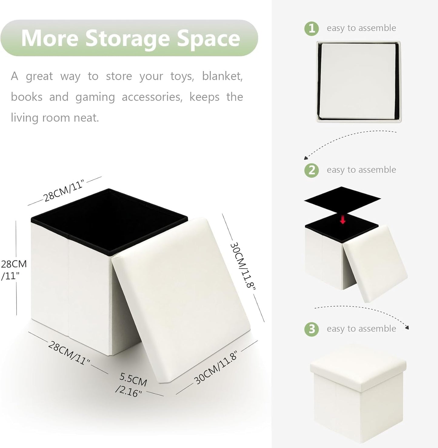 Folding Storage Ottoman Cube Faux Leather Ottomans for Living Room, Bedroom, Home Office, Dorm Storage Footrest White 11.8"X11.8"X11.8"