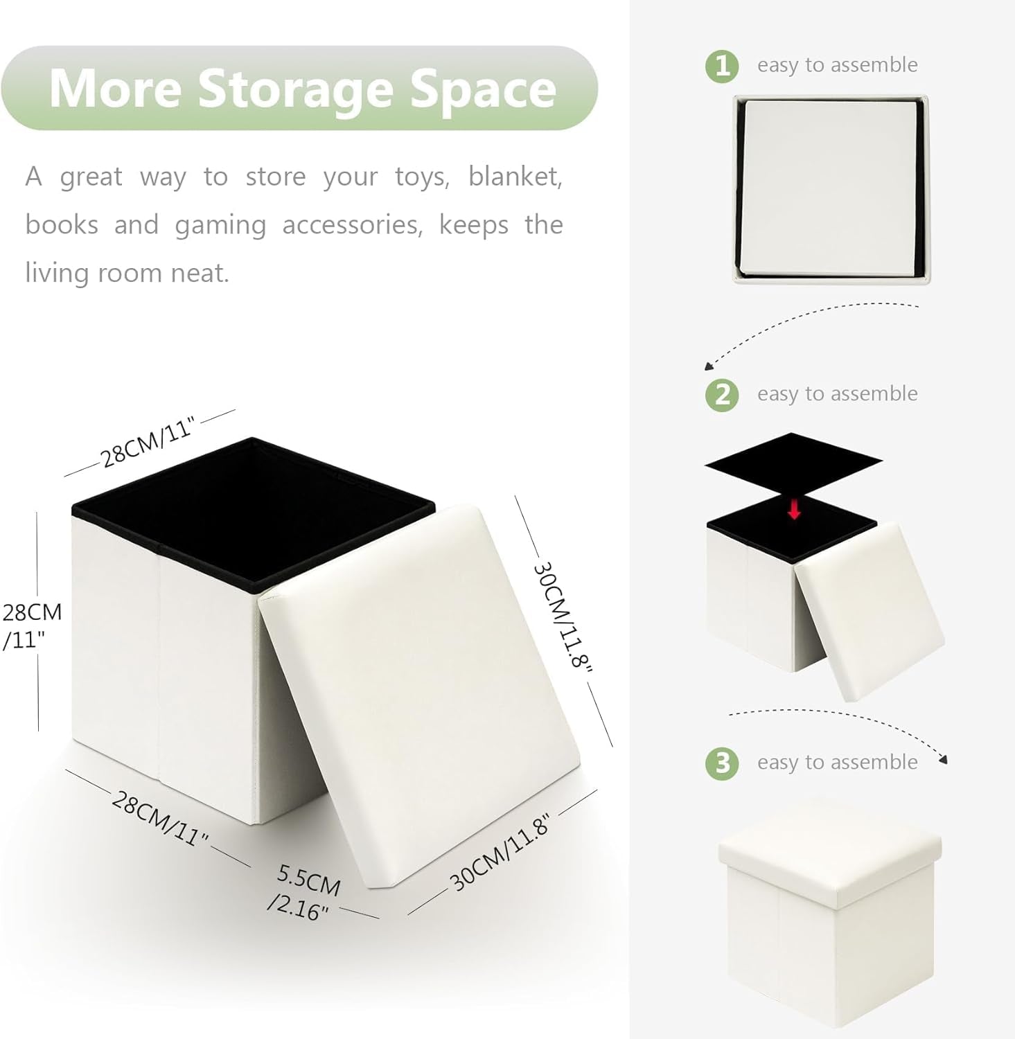 Folding Storage Ottoman Cube Faux Leather Ottomans for Living Room, Bedroom, Home Office, Dorm Storage Footrest White 11.8"X11.8"X11.8"