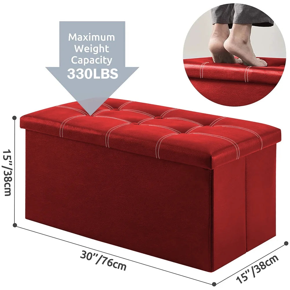 Folding Storage Ottoman Bench,Leather Footstool End of Bed Storage Bench Storage Chest,Foot Rest for Living Room,Bedroom Hallway Bench with Storage,Holds up to 330Lb,30X15X15Inches,Red