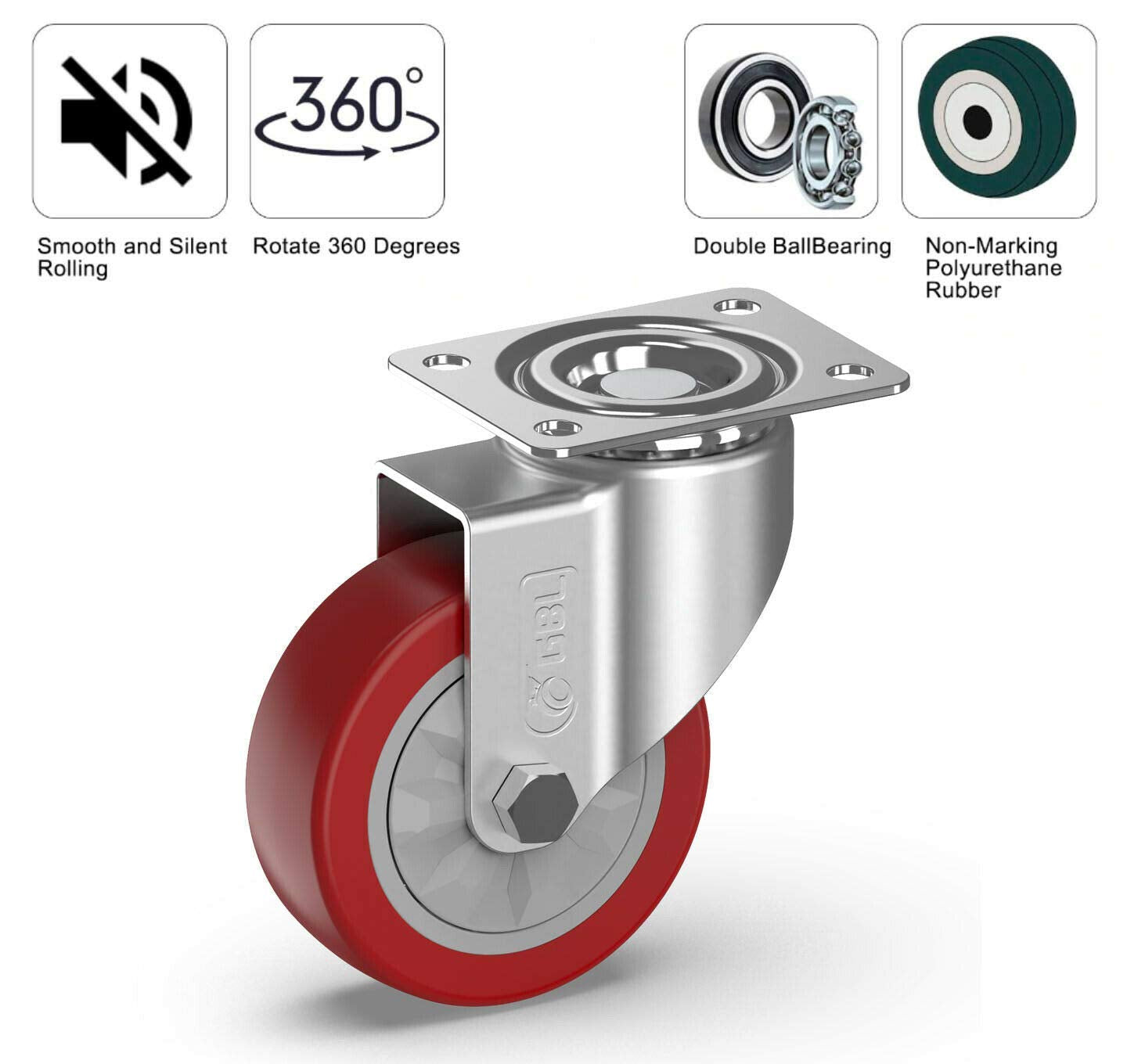 4" Heavy Duty Caster Wheels without Brakes + Screws - up to 1320Lbs - Set of 4 No Floor Marks Silent Castor for Furniture - Rubbered Trolley or Pallet Swivel Wheels - Silver Casters