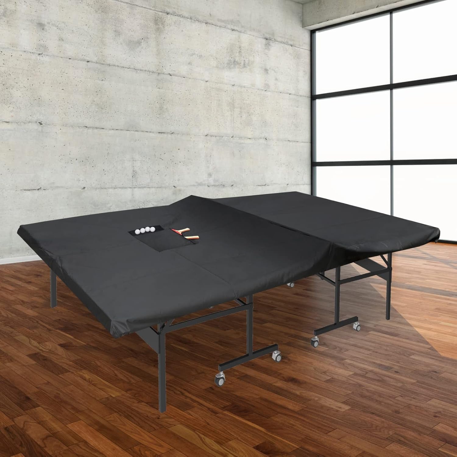 Outdoor Ping Pong Table Cover Waterproof,  420D Oxford Cloth Black Tennis Table Cover with 2 Pockets for Desktennis Balls and Rackets, Dust Covering for Folding & Flat Pingpong Desk