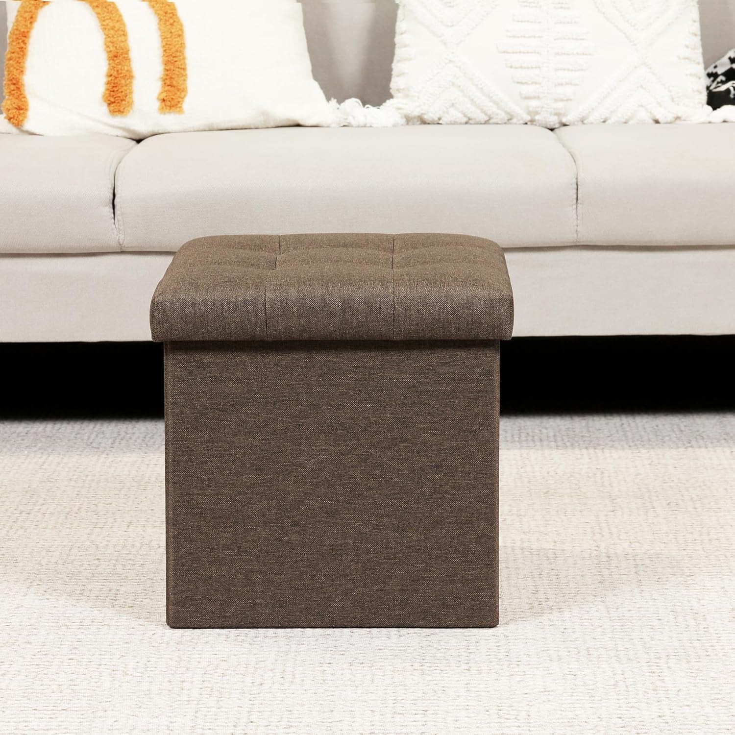 Storage Ottoman Cube, Toy Chest Folding Footrest for Living Room Seat, 12.6"X12.6"X12.6" (Linen Brown)