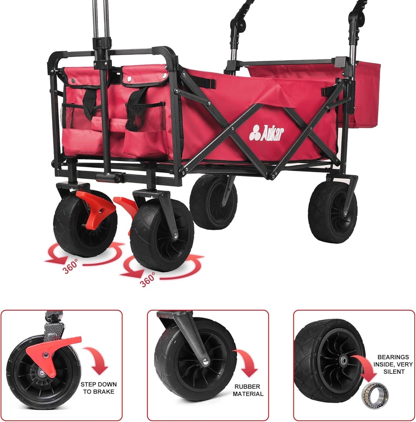 Collapsible Canopy Wagon - Heavy Duty Utility Outdoor Garden Cart - with Adjustable Handles , for Shopping, Picnic, Camping, Sports - Red