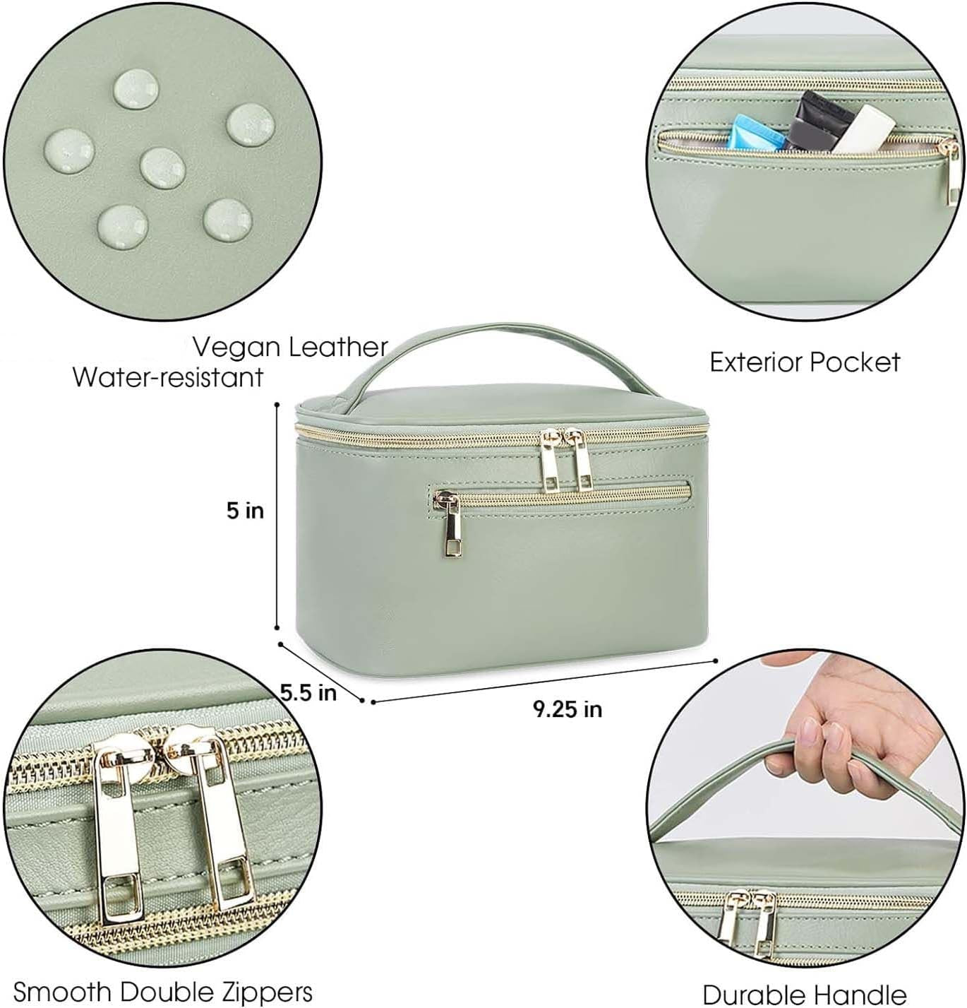 Makeup Bag, Travel Make up Organizer Cosmetic Brush Bags Case for Women in Vegan Leather, Sage Green, Patent Pending