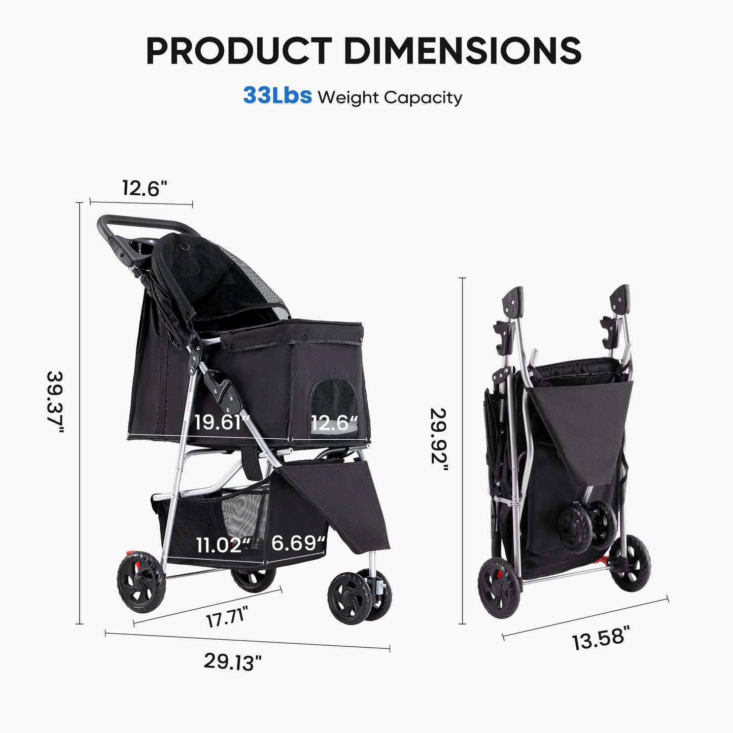 Dog Stroller, Pet Travel Folding Carrier with Storage Basket for Cat/Dog, 3 Wheels, Black