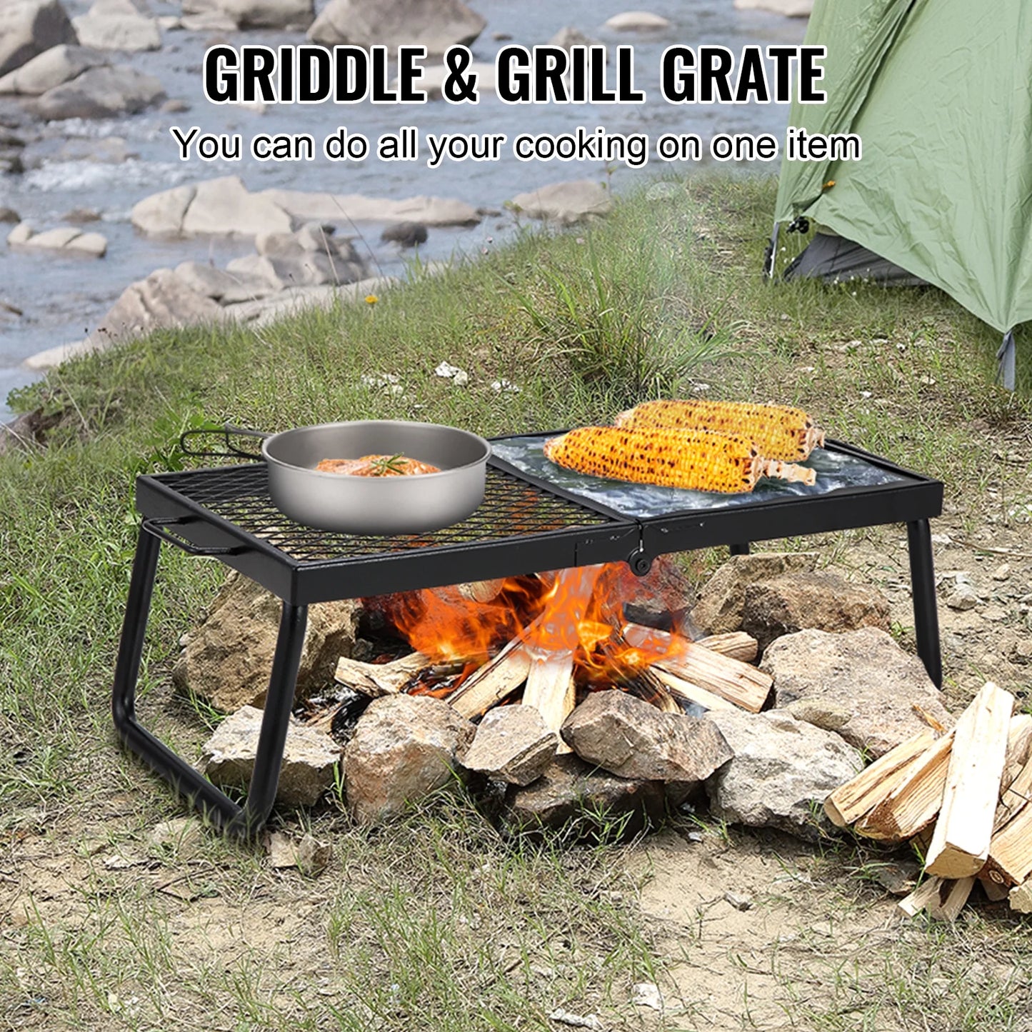 Folding Campfire Grill, Collapsible Outdoor Grill, Heavy Duty Steel Camp Fire Grill, 22.4" Compact Travel-Friendly Grates for Fire Pit, Camping Cookware with Stand and Transport Sack, BBQ Rack