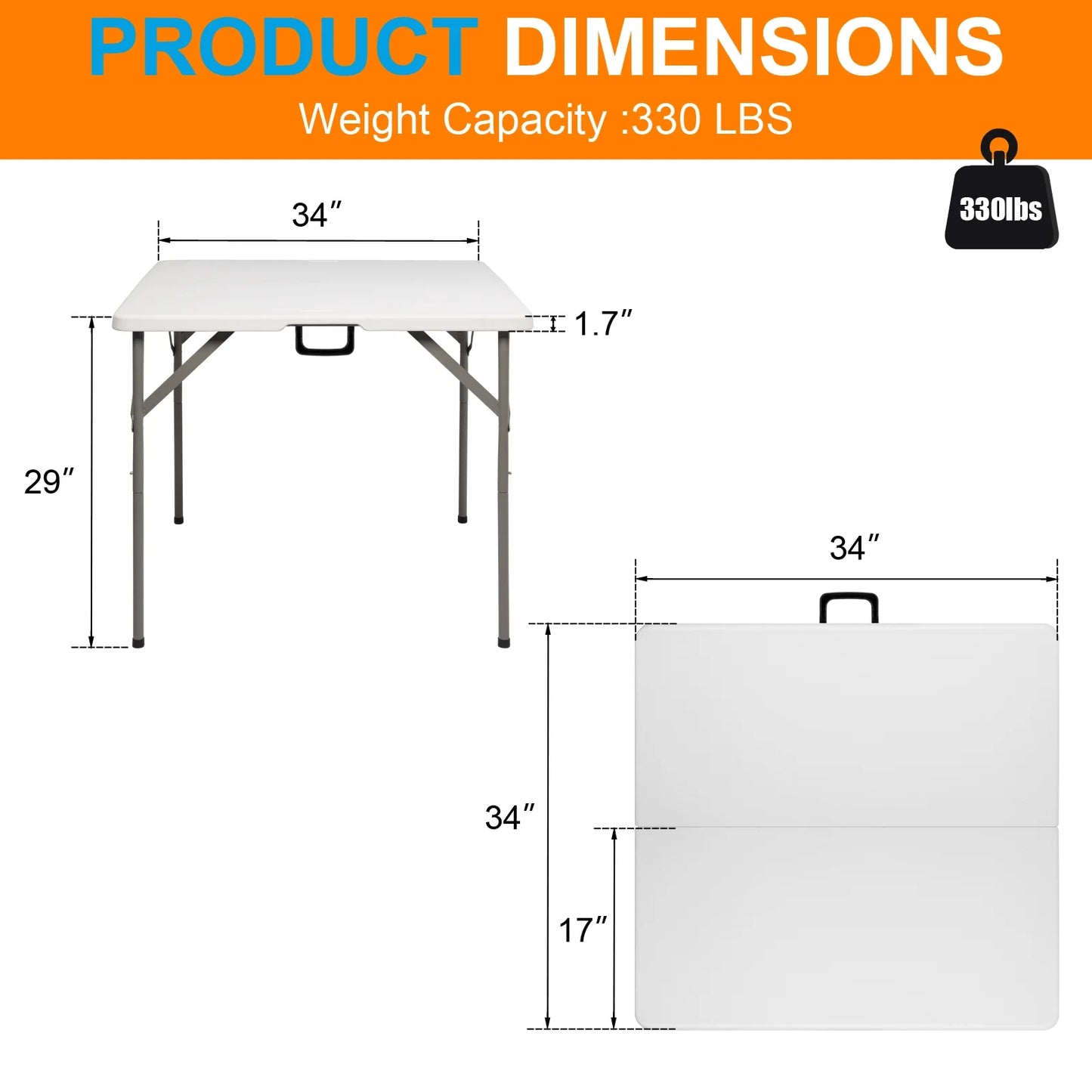34 Inch Square Granite White Plastic Folding Table, 34 in Square Picnic Table for Outdoor and Indoor, Yard, Garden, Lawn, White