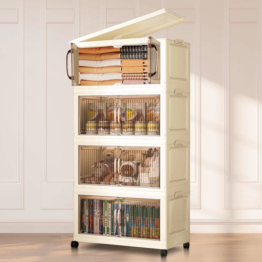 92QT Plastic Storage Bins with Lids Large Closet Organizers and Containers Folding Stackable Storage Box 4 Pack, White