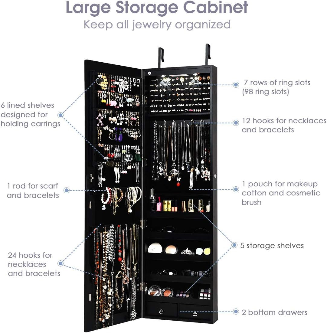 Wall Door Mounted Jewelry Armoire Cabinet with 47.5" H Full Length Mirror, 2 Leds Lockable Jewelry Organizer Box with Bracelet Rod, 2 Drawers, Large Storage Capacity (Black)