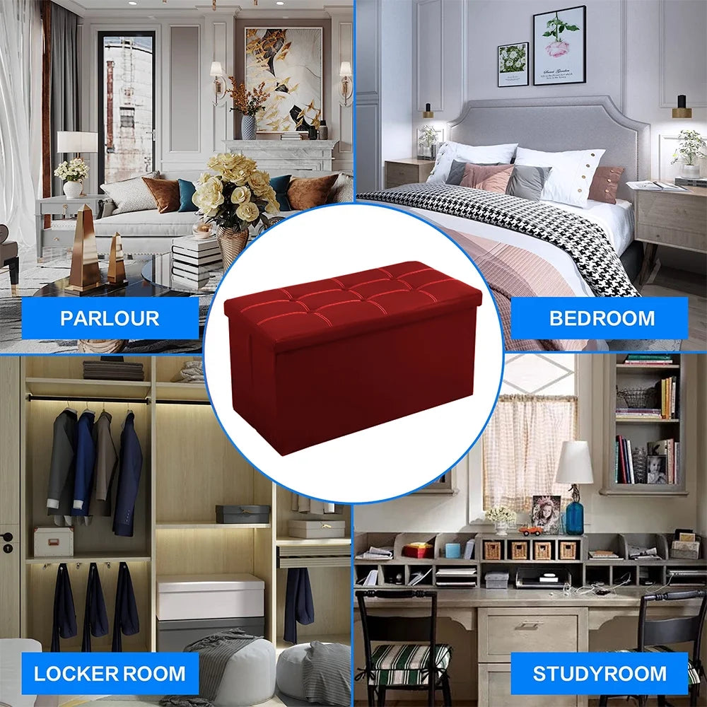 Folding Storage Ottoman Bench,Leather Footstool End of Bed Storage Bench Storage Chest,Foot Rest for Living Room,Bedroom Hallway Bench with Storage,Holds up to 330Lb,30X15X15Inches,Red