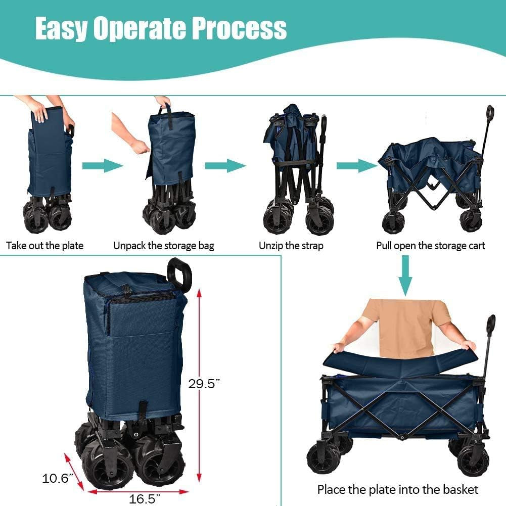 Folding Wagon Collapsible Utility Big Wheels Shopping Cart for Beach Outdoor Camping Garden Canvas Fabric All Terrain Heavy Duty Portable Grocery Cart Buggies Adjustable Handle (Navy)
