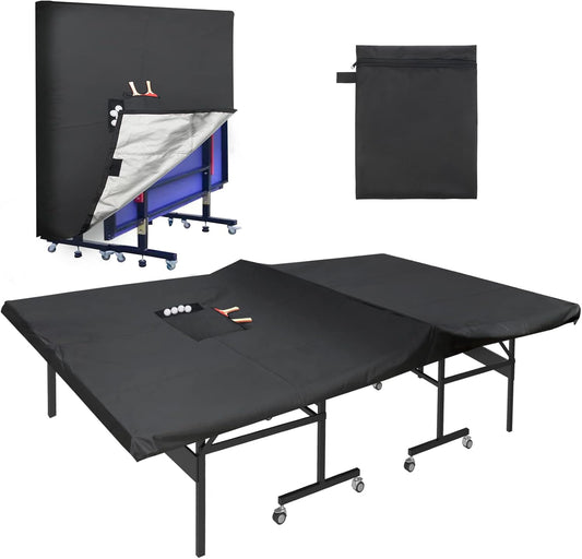 Outdoor Ping Pong Table Cover Waterproof,  420D Oxford Cloth Black Tennis Table Cover with 2 Pockets for Desktennis Balls and Rackets, Dust Covering for Folding & Flat Pingpong Desk
