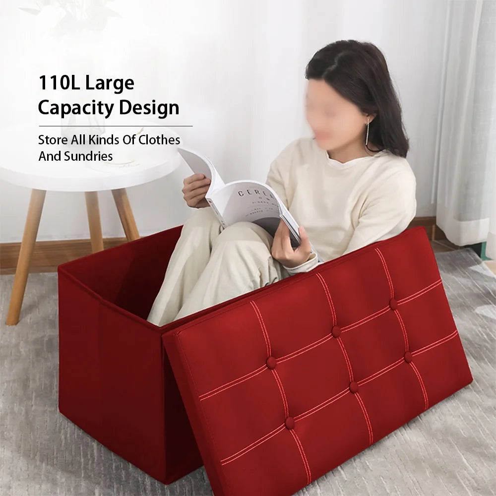 Folding Storage Ottoman Bench,Leather Footstool End of Bed Storage Bench Storage Chest,Foot Rest for Living Room,Bedroom Hallway Bench with Storage,Holds up to 330Lb,30X15X15Inches,Red