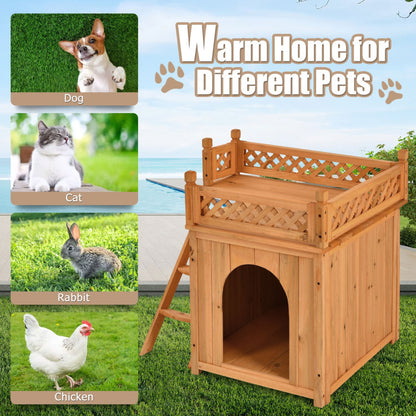 Wood Pet Dog House with Roof Balcony and Bed Shelter
