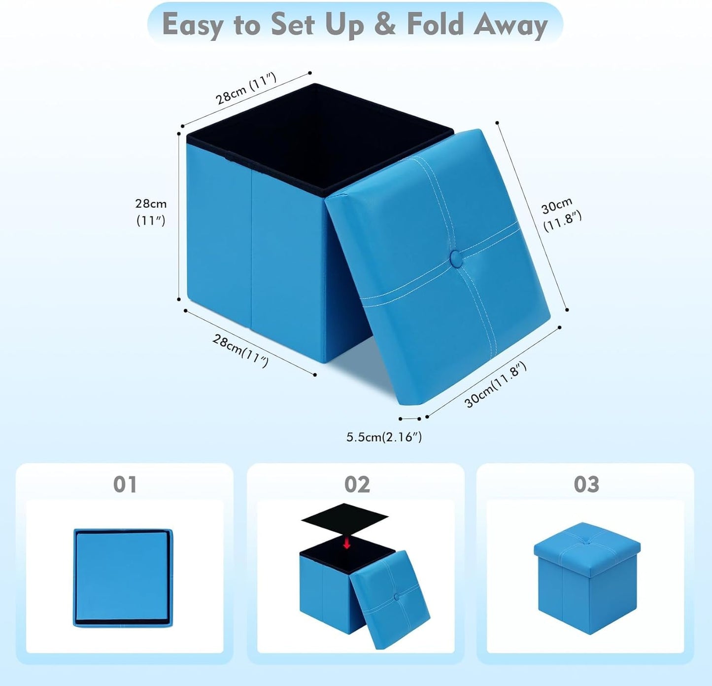 Folding Storage Ottoman, Faux Leather Footrest Seat Coffee Table Toy Chest Kids, Blue 11.8"X11.8"X11.8"