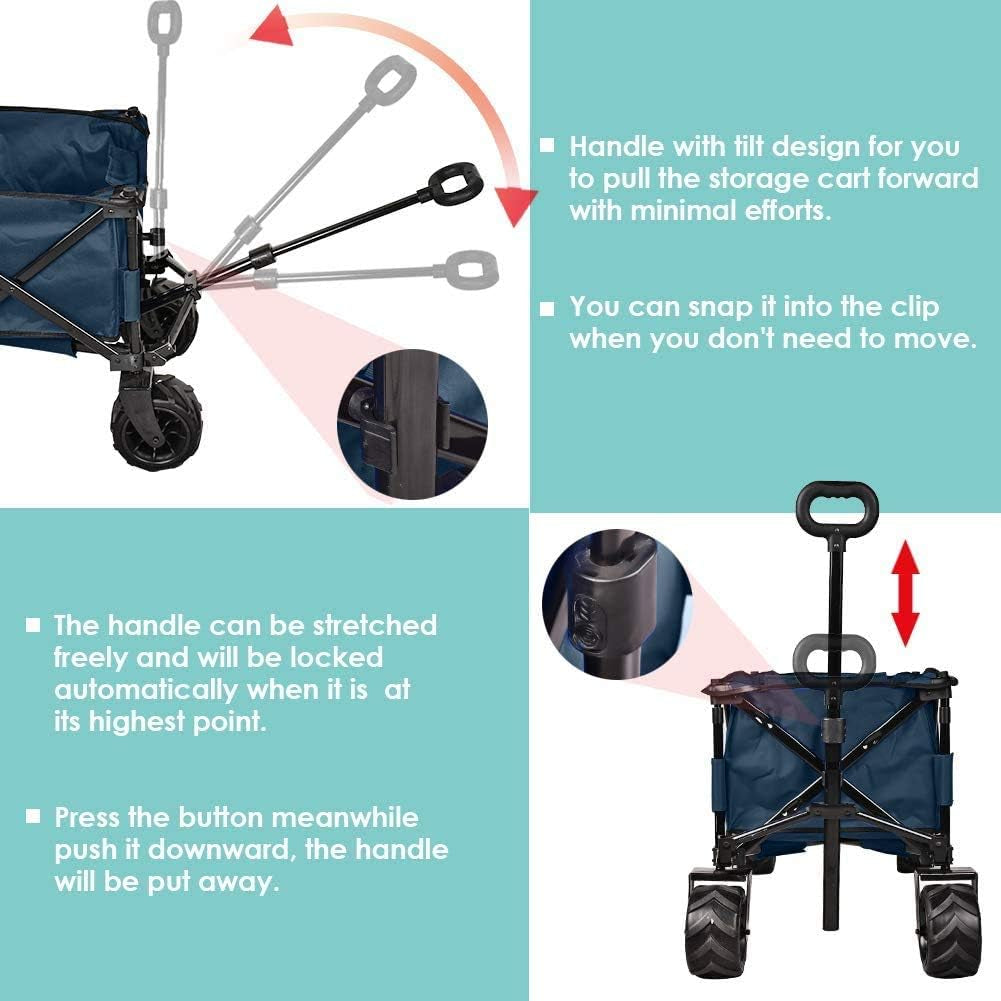 Folding Wagon Collapsible Utility Big Wheels Shopping Cart for Beach Outdoor Camping Garden Canvas Fabric All Terrain Heavy Duty Portable Grocery Cart Buggies Adjustable Handle (Navy)