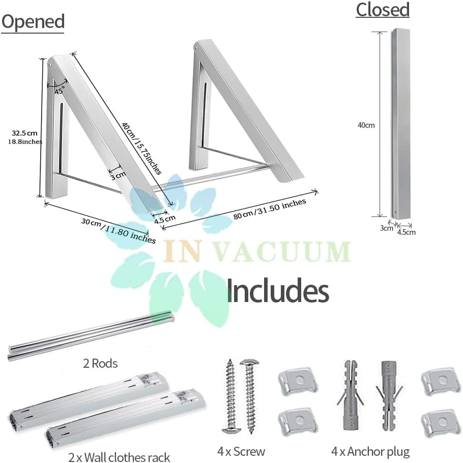 Clothes Drying Rack Folding Indoor, Folding Drying Racks for Laundry Room Closet Storage Organization, Aluminum, Easy Installation (2 Racks with Rod, Sliver)