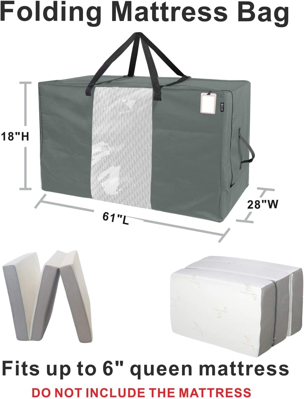 Folding Mattress Storage Bag - Durable Carry Case Fits for Tri-Fold up to 6 Inches Queen Mattress, Grey