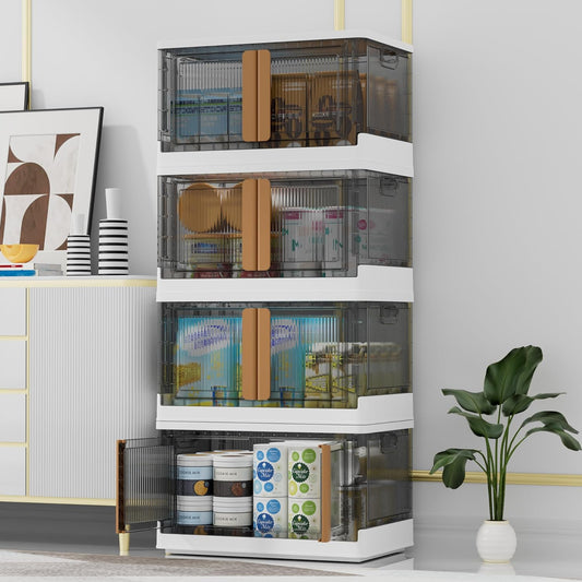 Storage Bins with Lids - 4 Packs 8.5Gal Plastic Bins for Closet Organizers and Storage, Folding Box, Stackable Storage Bins with Open Front Door and Wheels