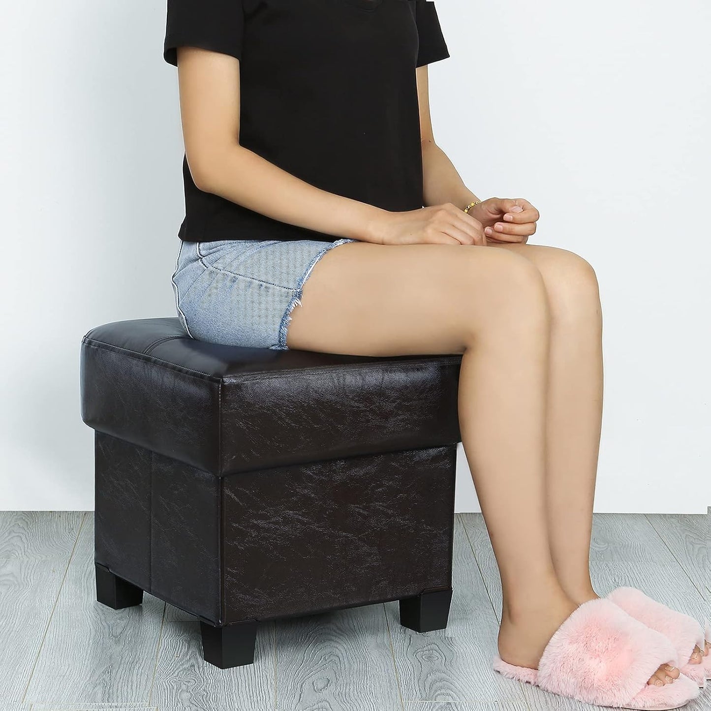 Storage Ottoman Cube Folding Footstool PU Leather Storage Bench with Legs, Storage Chest for Living Room, Bedroom, 15.7 X 15.7 X15.7 Inches, Black