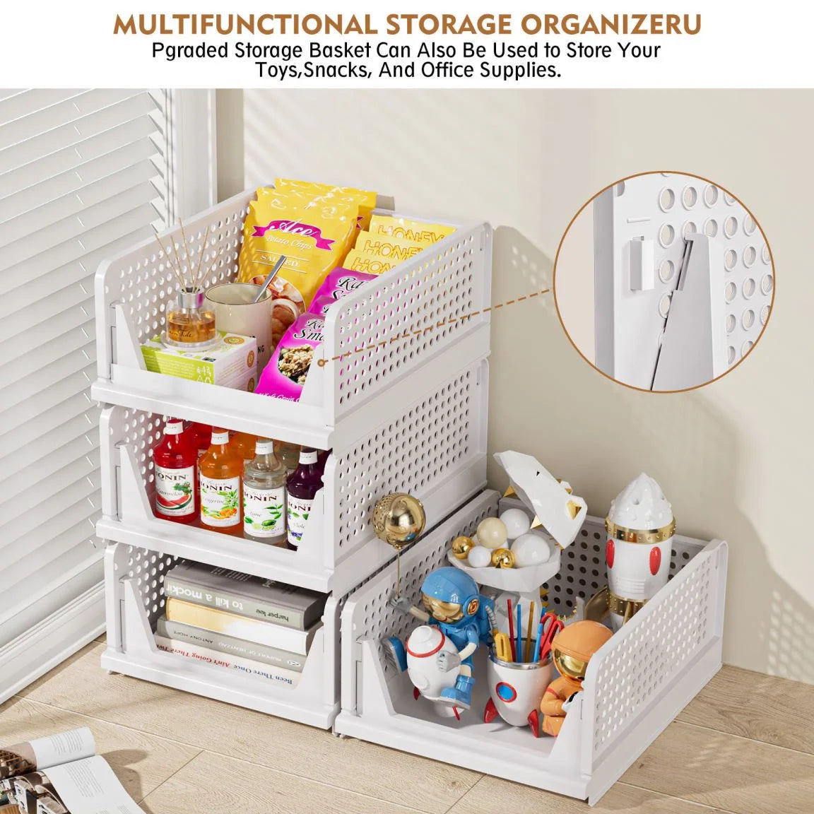 5 Pack Folding Organizers Storage Basket, White Plastic Stackable Storage Bins for Kitchen Bathroom Office,5L