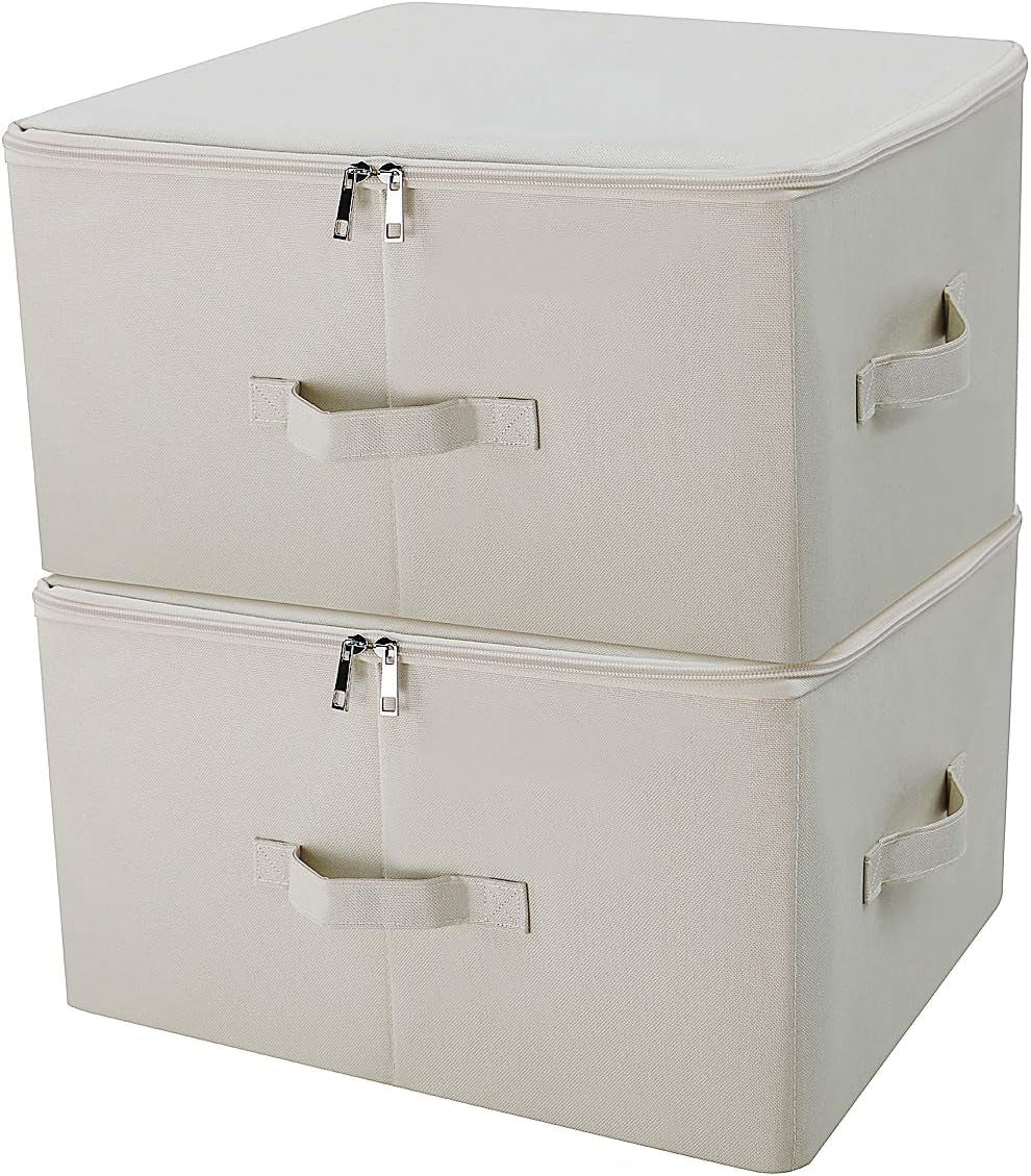 Collapsible Rigid Storage Bins with Lid, Shelves Clothes Storage Cubes, Tide up Your Wardrobe, Beige, Set of 2