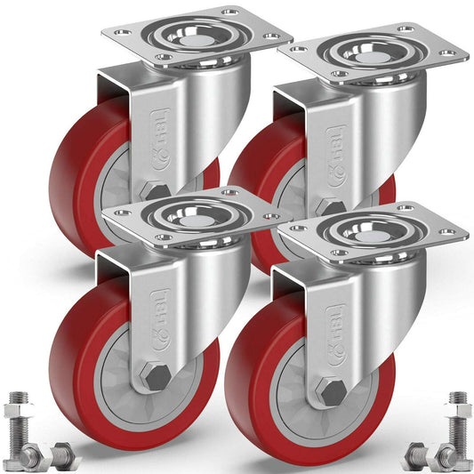 4" Heavy Duty Caster Wheels without Brakes + Screws - up to 1320Lbs - Set of 4 No Floor Marks Silent Castor for Furniture - Rubbered Trolley or Pallet Swivel Wheels - Silver Casters