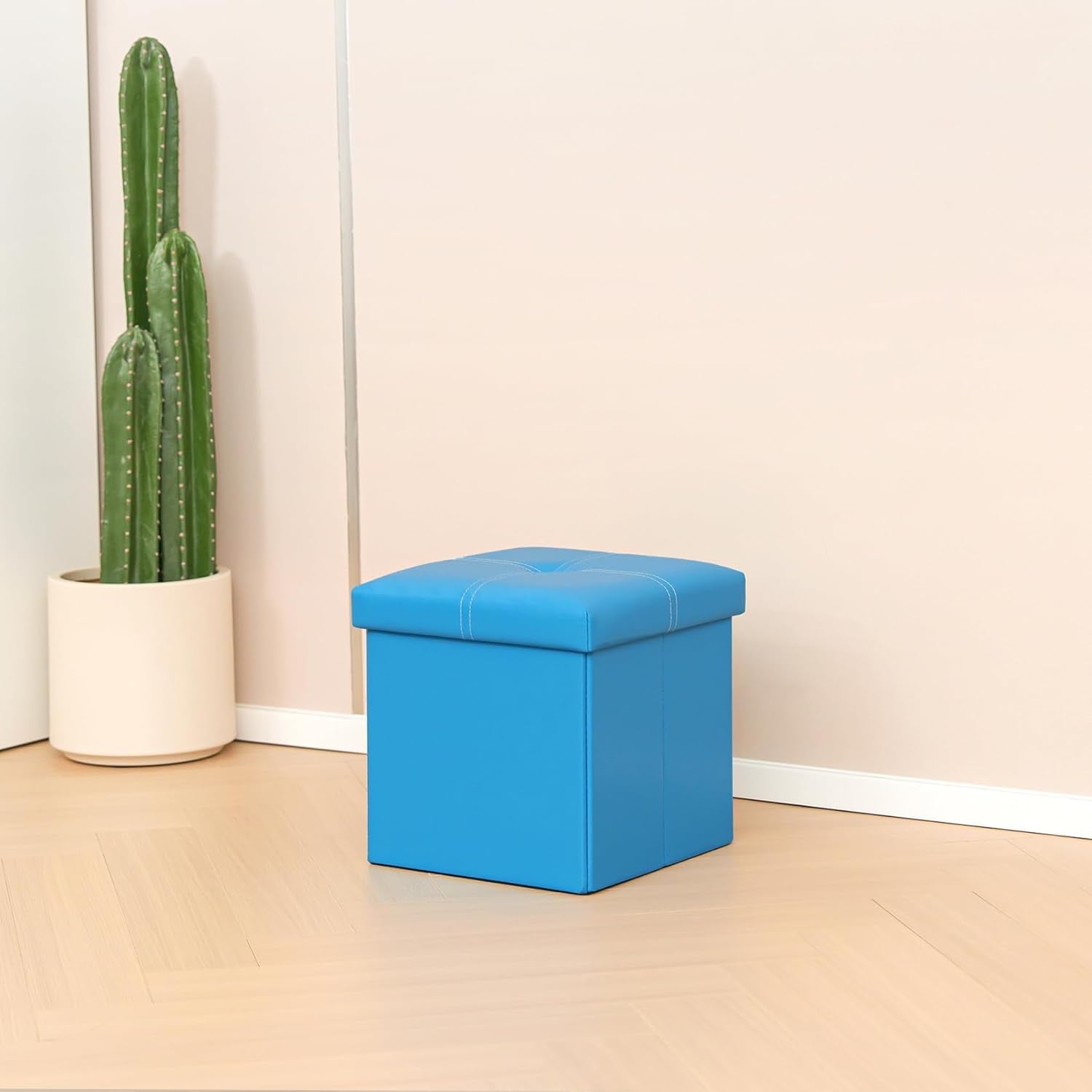 Folding Storage Ottoman, Faux Leather Footrest Seat Coffee Table Toy Chest Kids, Blue 11.8"X11.8"X11.8"
