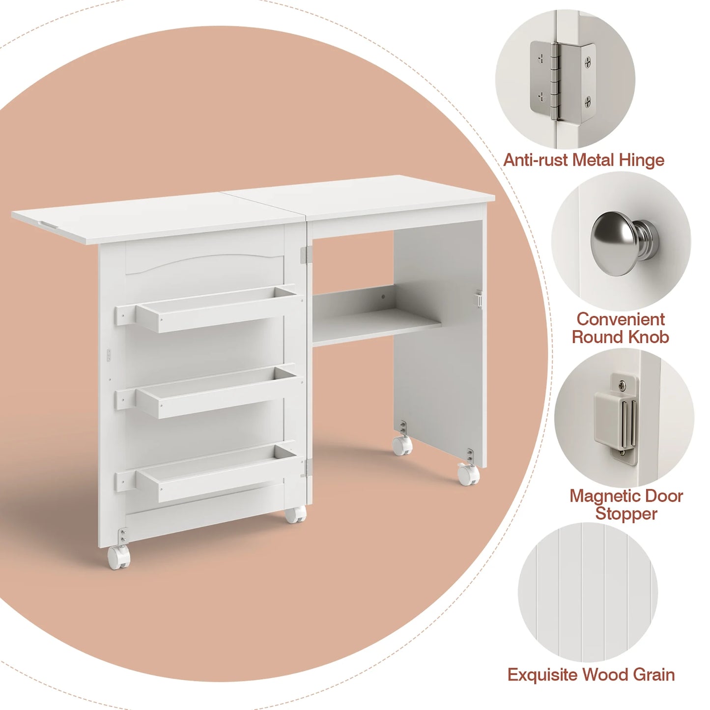 White Folding Sewing Craft Table with Storage Shelves Cabinet Lockable Wheels