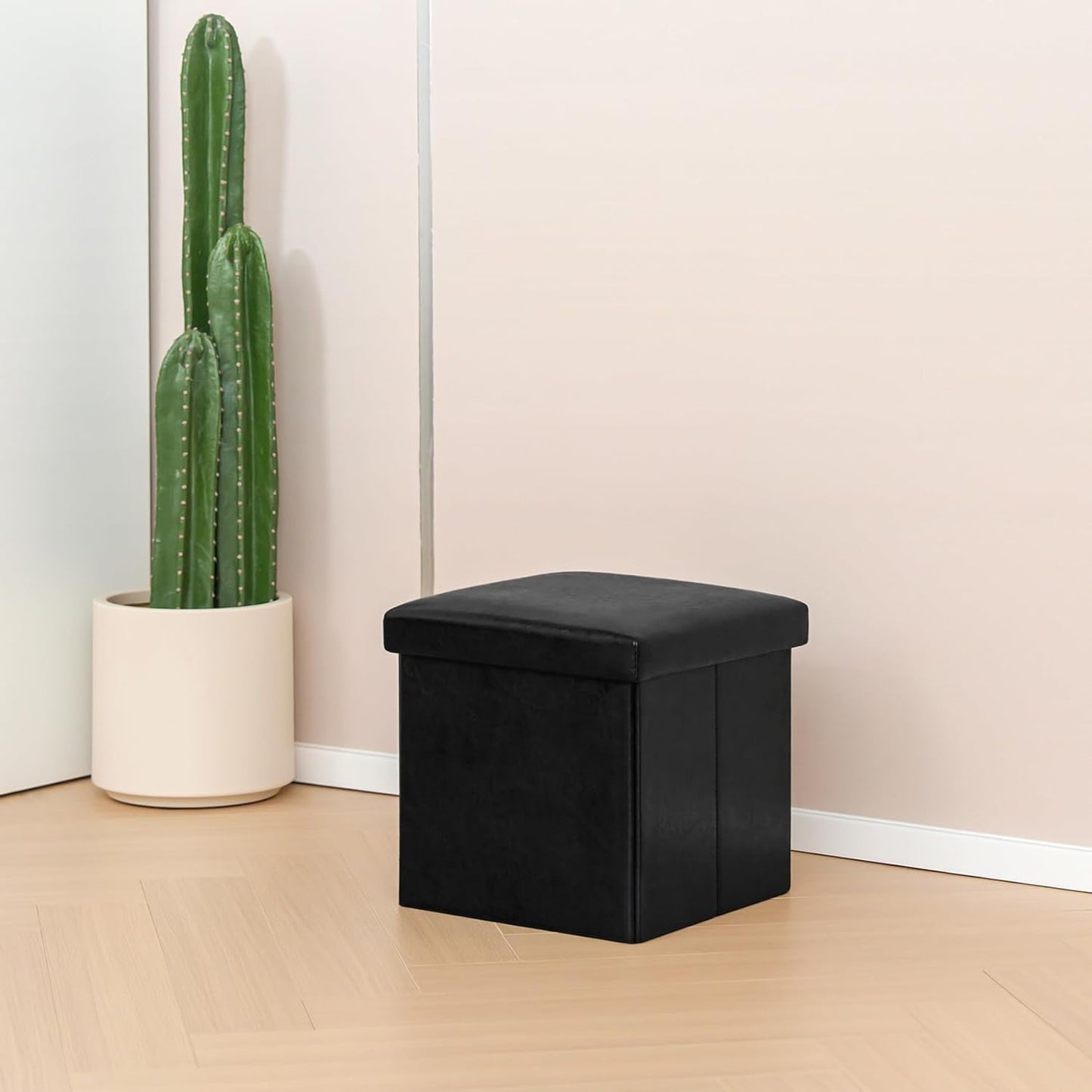 Folding Storage Ottoman Cube with Faux Leather for Living Room, Bedroom, Home Office, Dorm Storage Footrest Black 11.8"X11.8"X11.8"